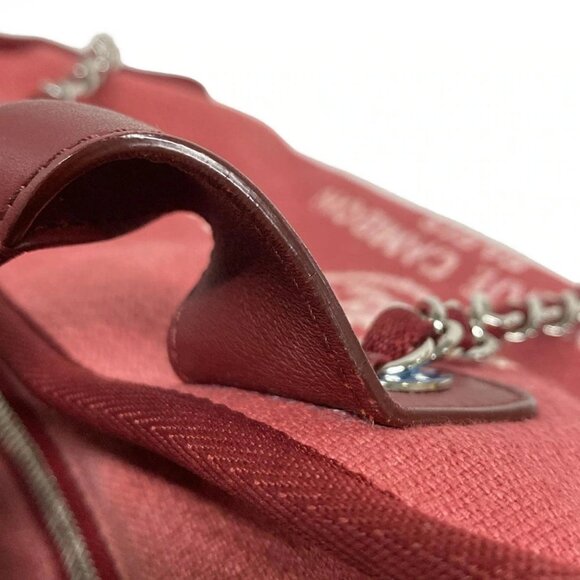 Auth CHANEL Deauville Bowling Bag - Bordeaux Canvas Raffia Grossgrain Calf Skin - Picture 16 of 16